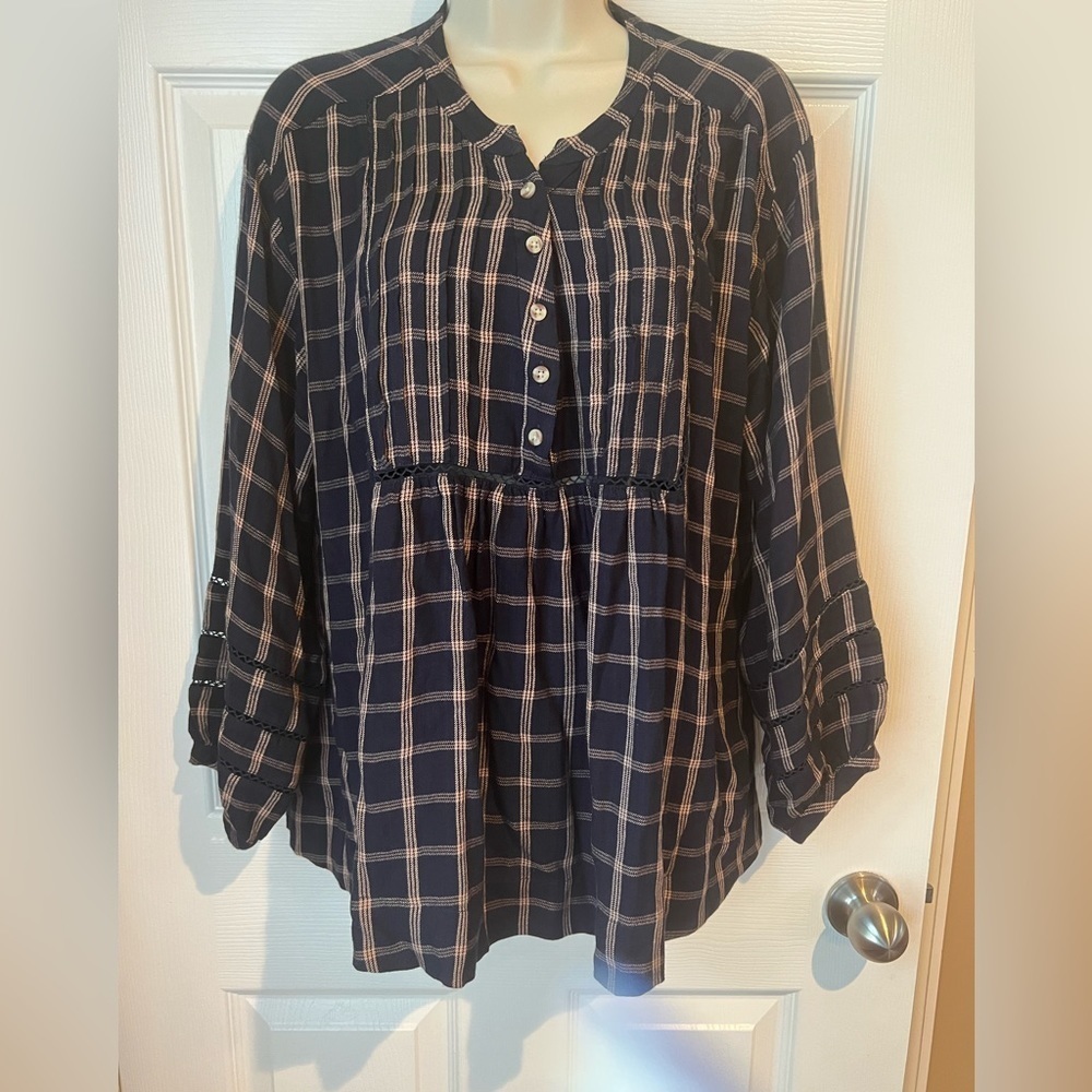 Lucky BRAND‎ Women’s Popover Shirt Navy Tan Plaid size Small